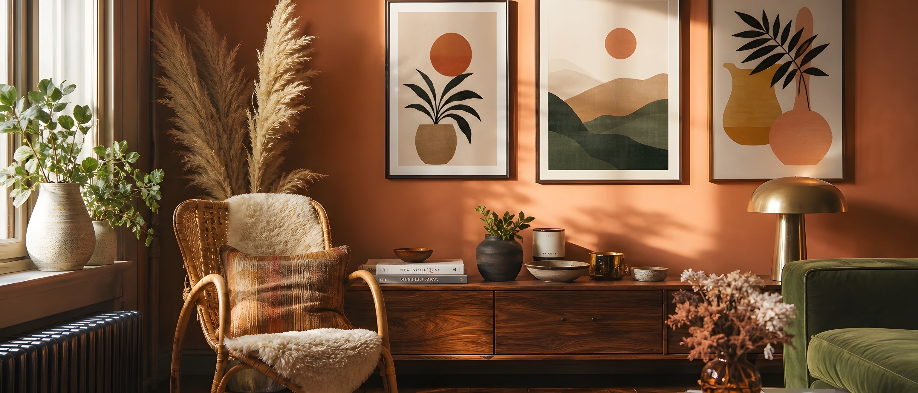 Boho Wall Art — editorial interior scene with framed prints