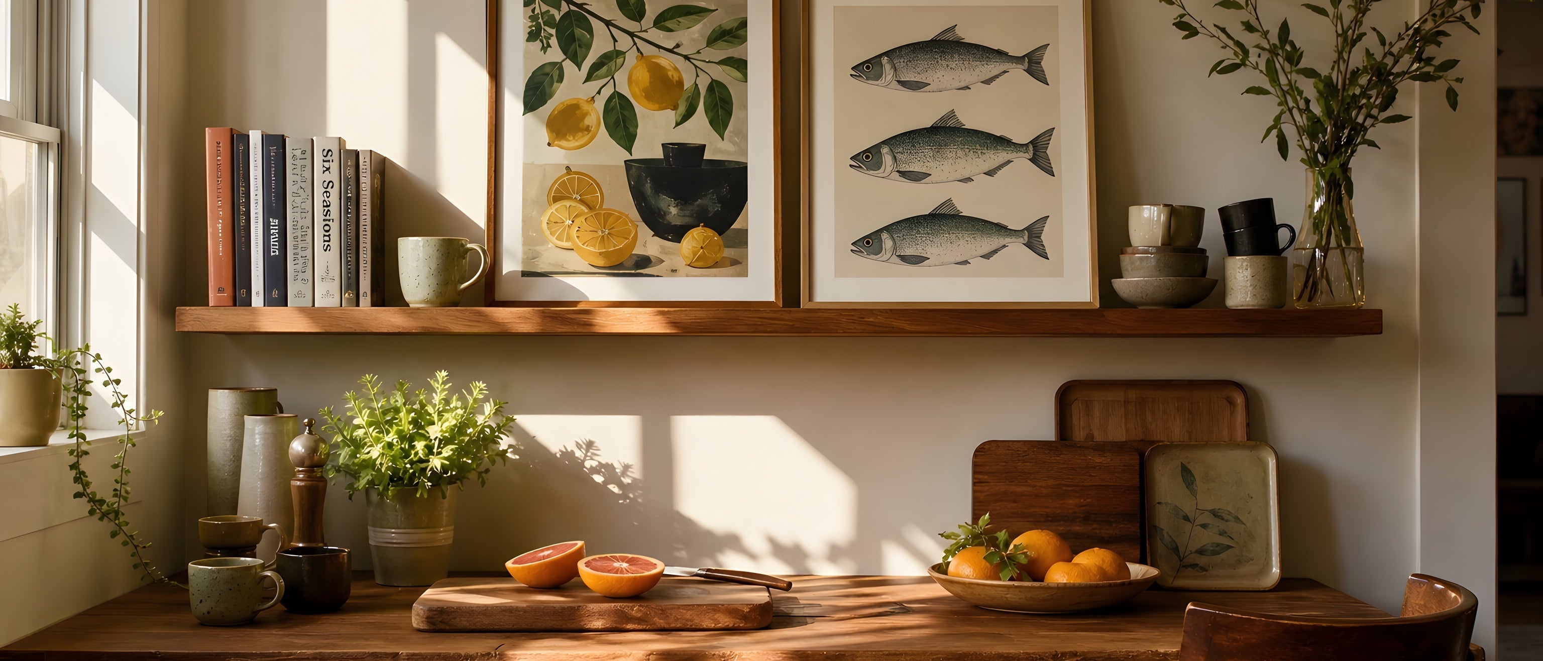 Kitchen Wall Art — editorial interior scene with framed prints