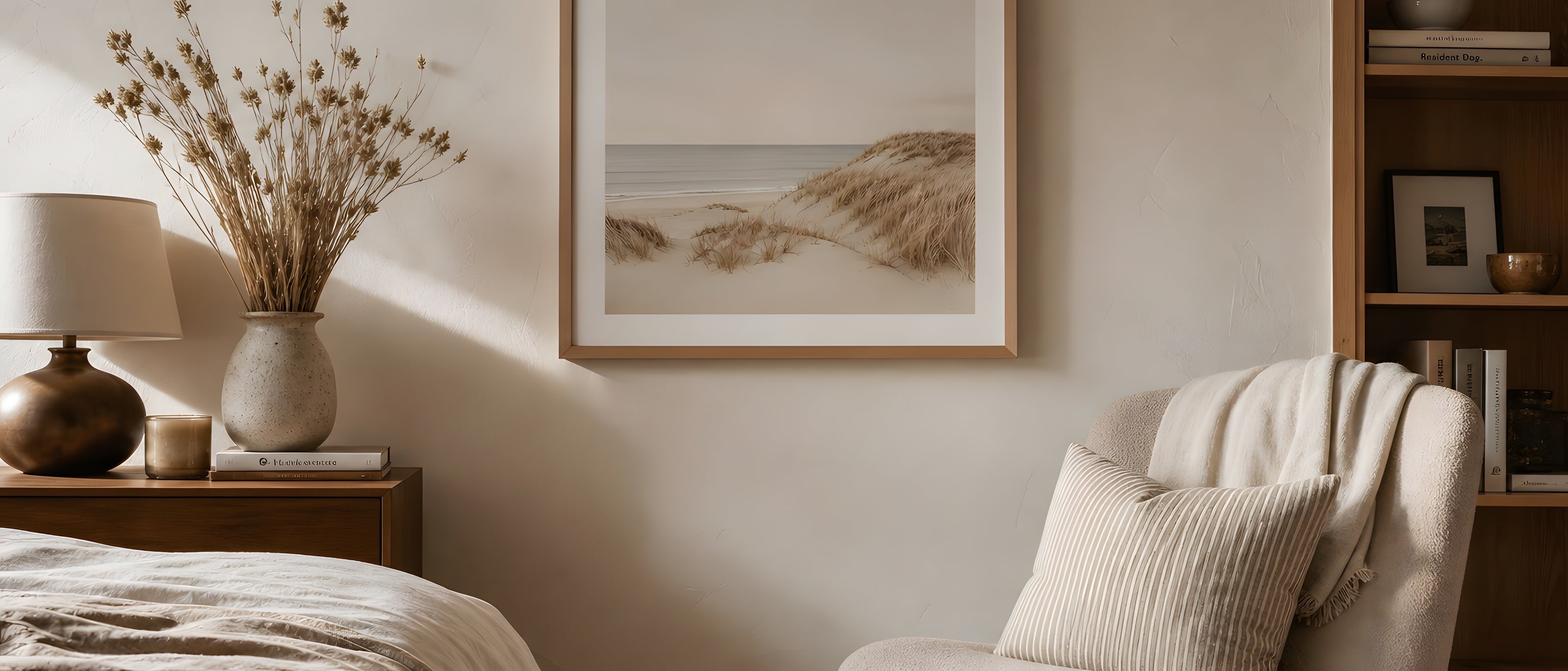 Neutral Wall Art — editorial interior scene with framed prints