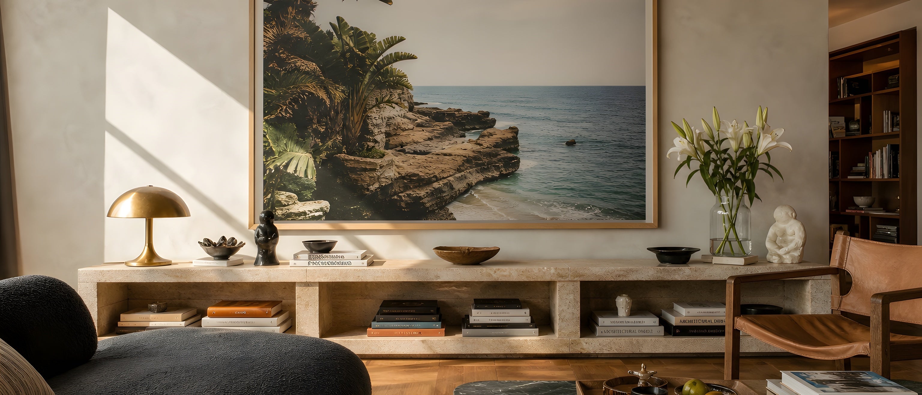 Oversized Wall Art — editorial interior scene with framed prints