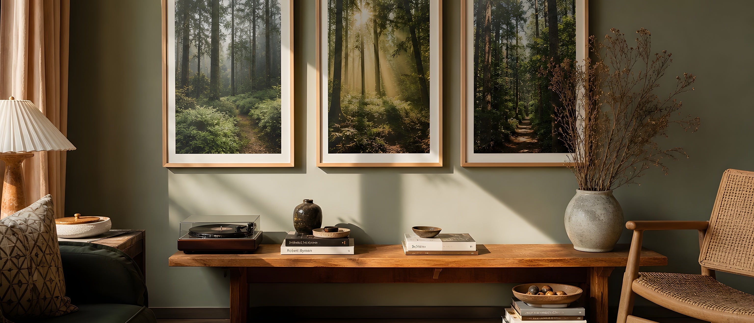 Nature Wall Art — editorial interior scene with framed prints