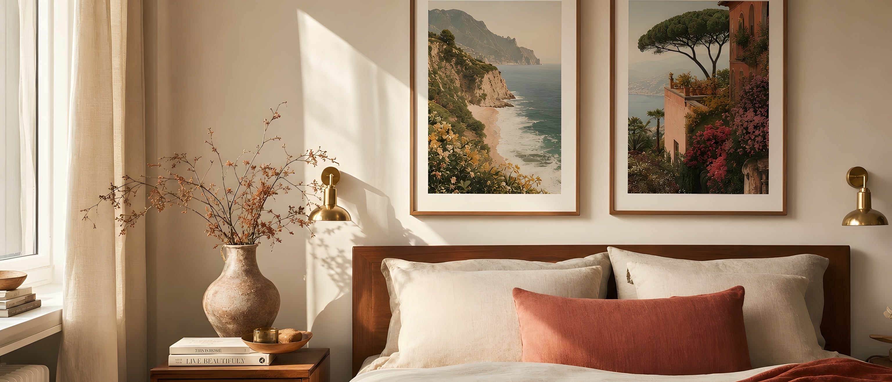 Bedroom Wall Art — editorial interior scene with framed prints