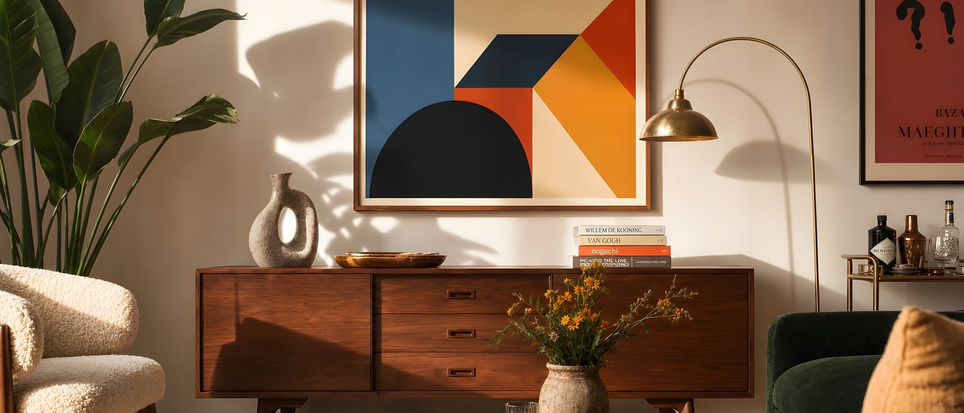 Abstract Wall Art — editorial interior scene with framed prints