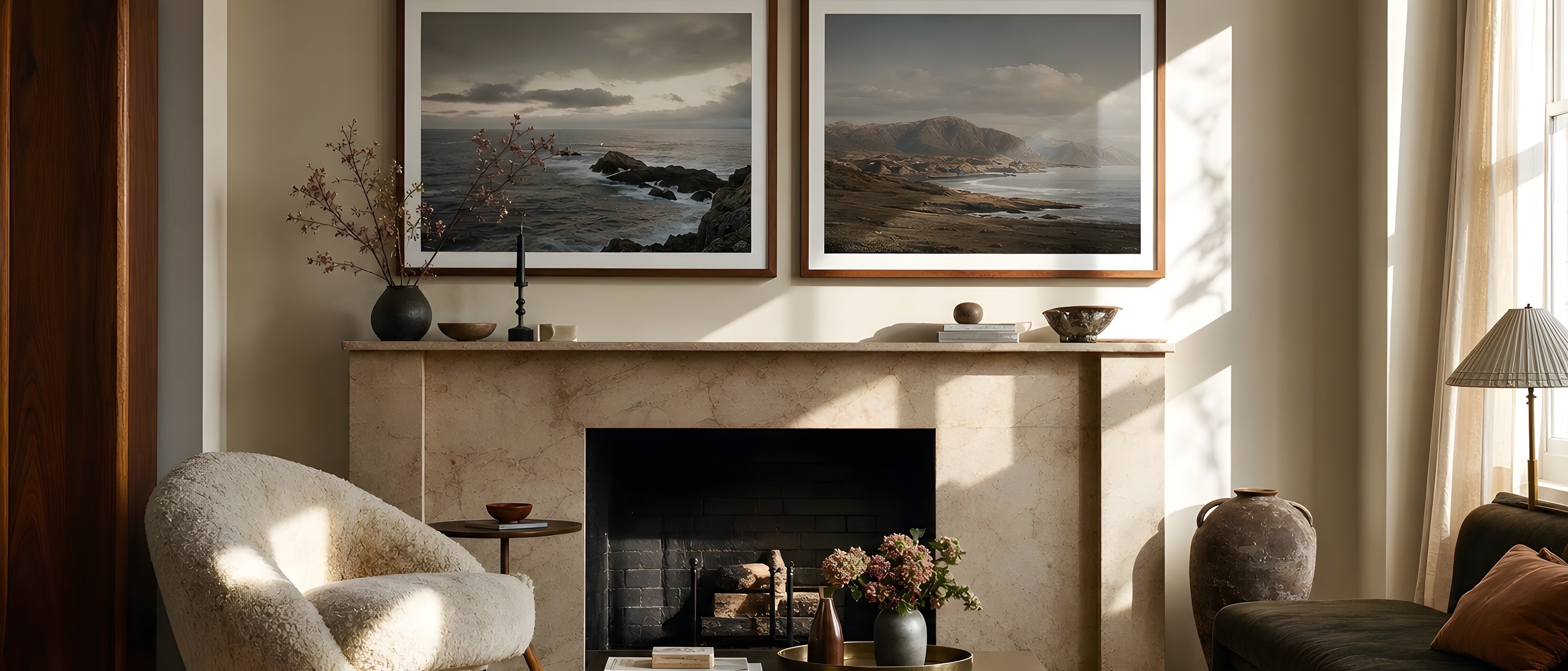 Landscape Wall Art — editorial interior scene with framed prints