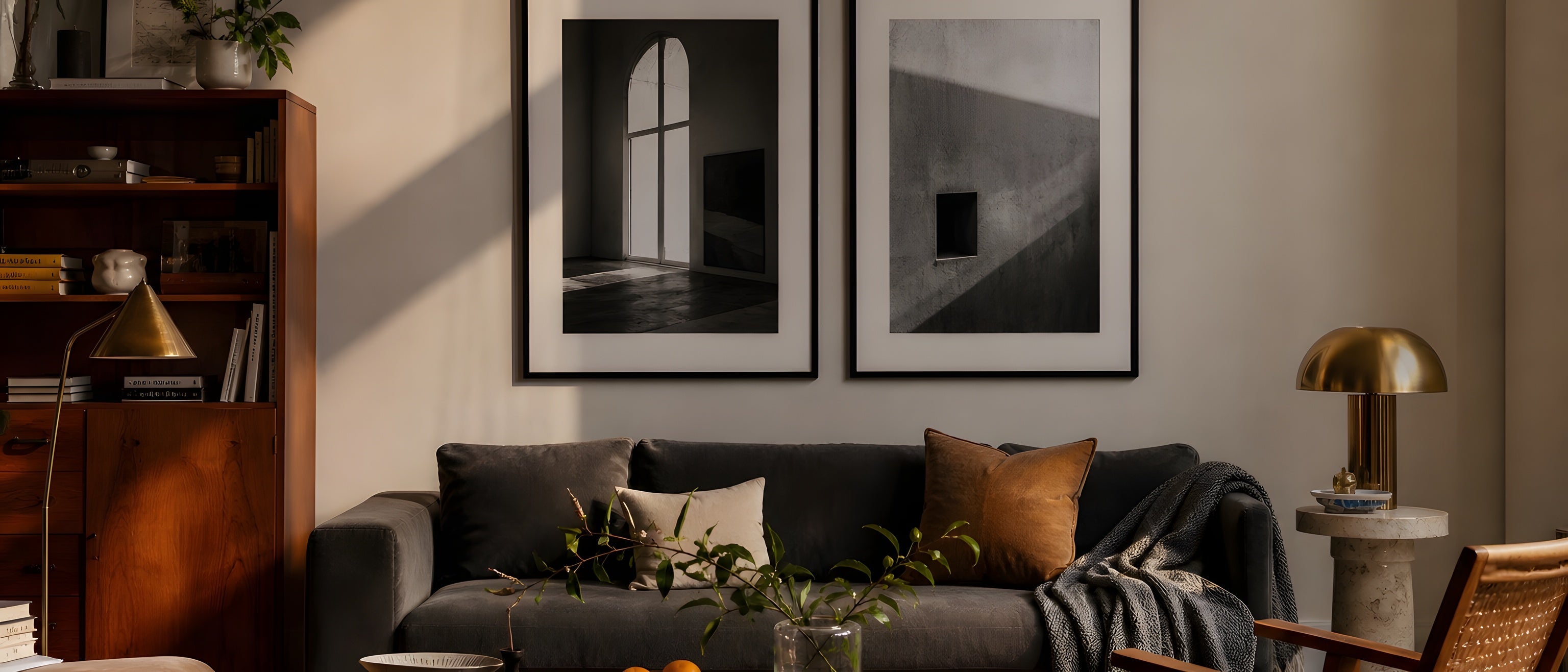 Black and White Wall Art — editorial interior scene with framed prints