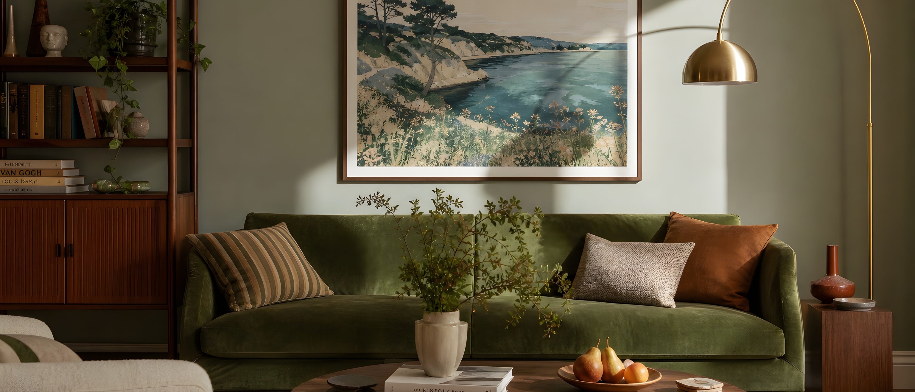 Living Room Wall Art — editorial interior scene with framed prints